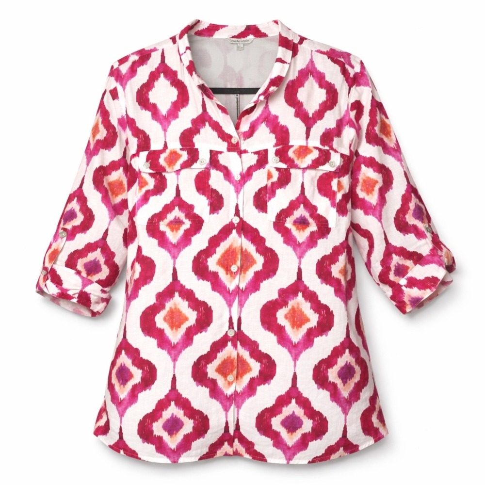 John Mark Womens L Pink White Ikat Linen‎ Blend Roll Tab 3/4 Sleeve Button Shirt